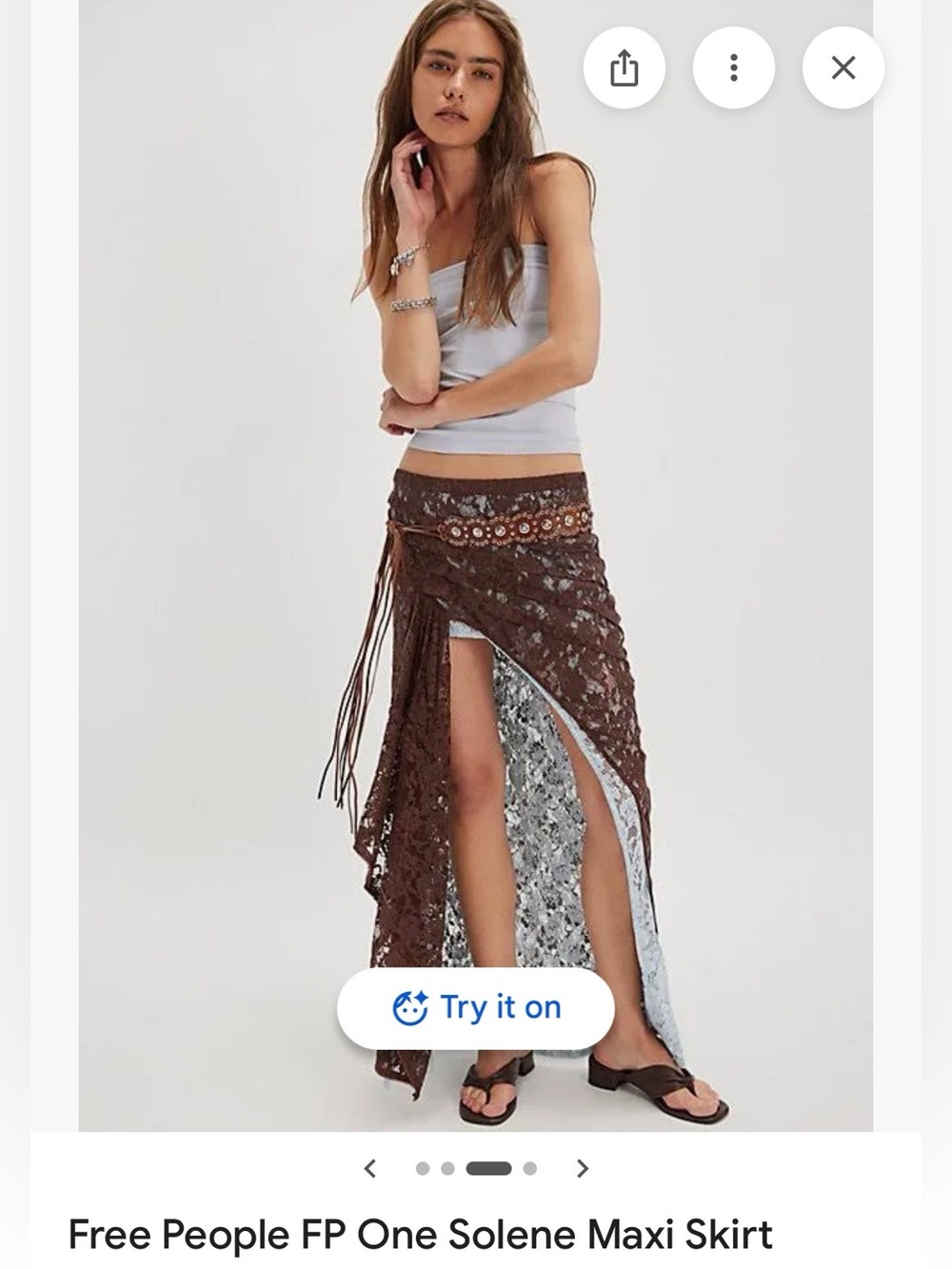 NWT Free People One Solene Brown Lace Tiered Maxi Skirt with Side Slit
